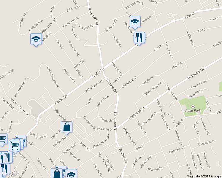 map of restaurants, bars, coffee shops, grocery stores, and more near 5107 Inskip Road in Knoxville