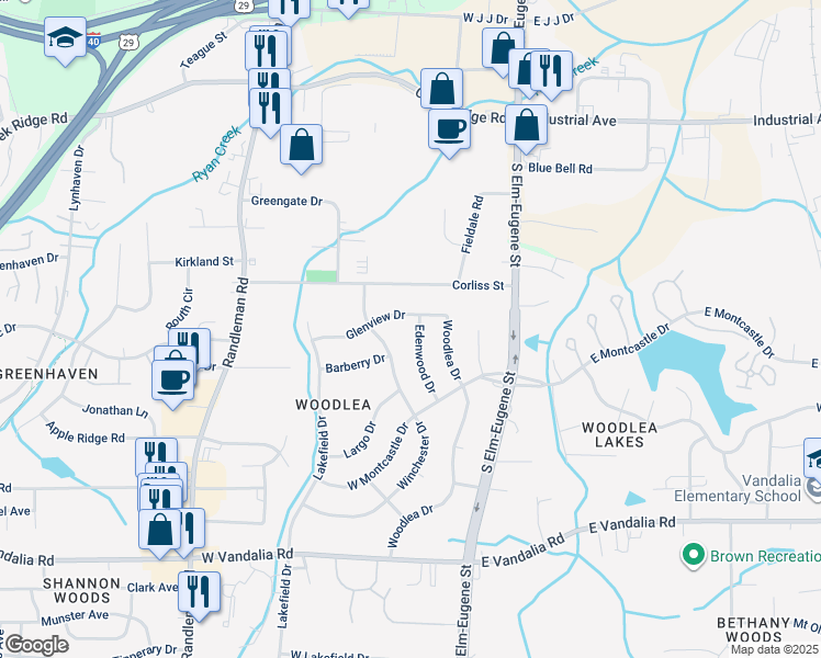 map of restaurants, bars, coffee shops, grocery stores, and more near 3214 Edenwood Drive in Greensboro