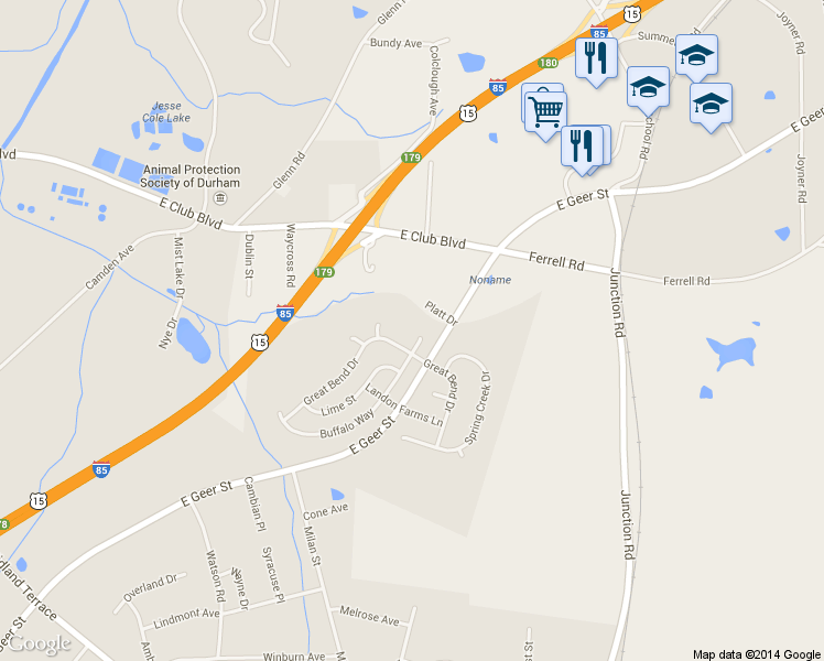 map of restaurants, bars, coffee shops, grocery stores, and more near 2307 Buffalo Way in Durham