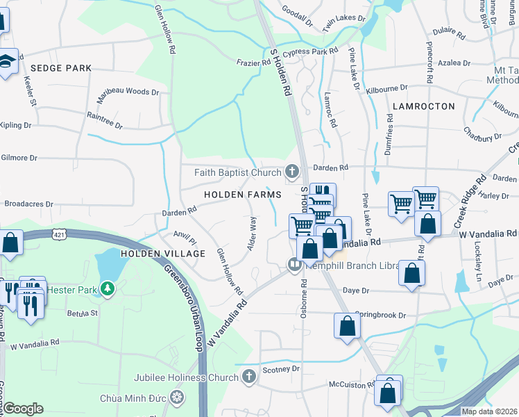 map of restaurants, bars, coffee shops, grocery stores, and more near 3107 Alder Way in Greensboro