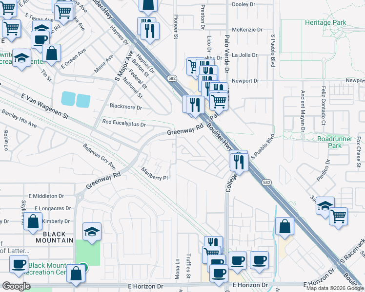 map of restaurants, bars, coffee shops, grocery stores, and more near 400 Mona Lane in Henderson