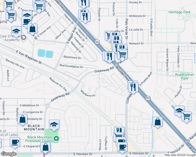 map of restaurants, bars, coffee shops, grocery stores, and more near 400 Mona Lane in Henderson