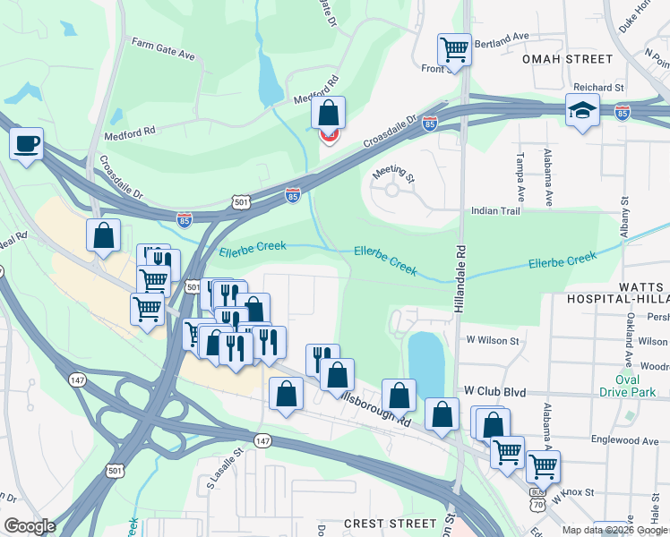 map of restaurants, bars, coffee shops, grocery stores, and more near 3108 Sprunt Avenue in Durham
