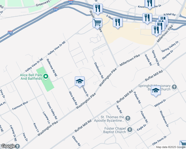 map of restaurants, bars, coffee shops, grocery stores, and more near 3101 Washington Ridge Way in Knoxville