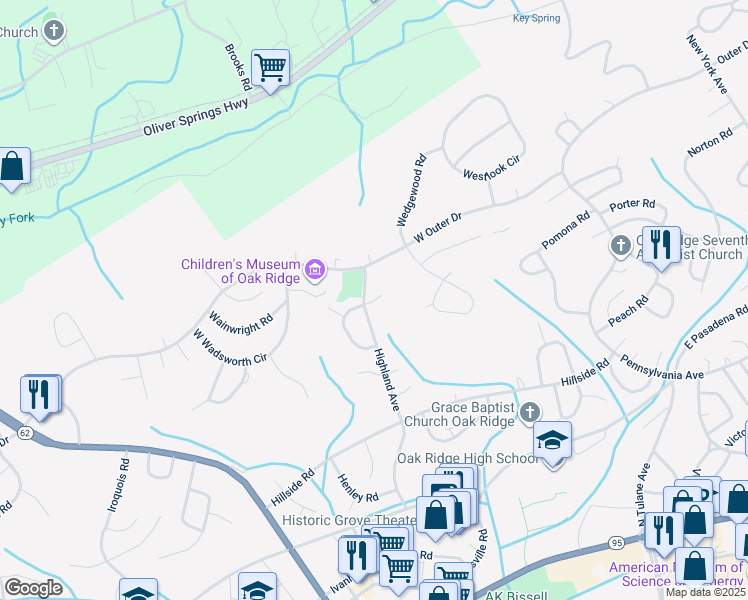 map of restaurants, bars, coffee shops, grocery stores, and more near 155 North Hollywood Circle in Oak Ridge