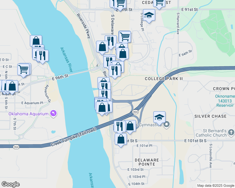 map of restaurants, bars, coffee shops, grocery stores, and more near Service Road in Tulsa