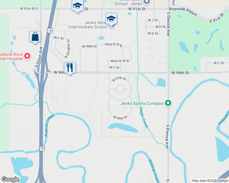 map of restaurants, bars, coffee shops, grocery stores, and more near 744 W 97th Court South in Jenks