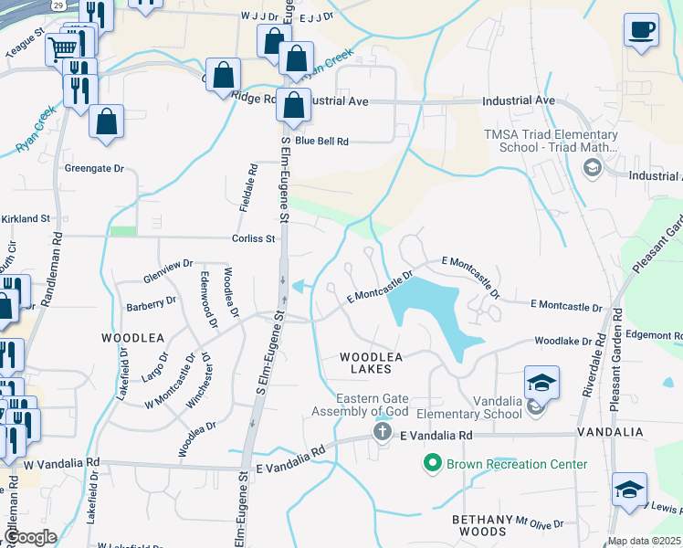 map of restaurants, bars, coffee shops, grocery stores, and more near 311 East Montcastle Drive in Greensboro