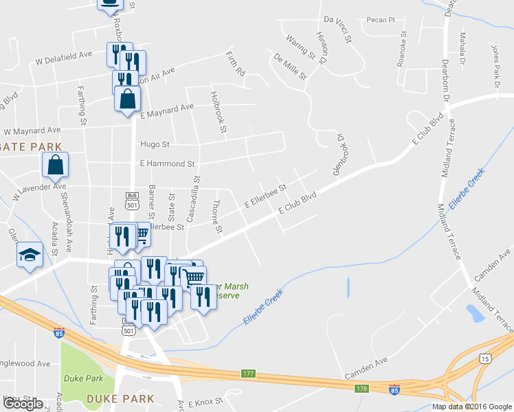 map of restaurants, bars, coffee shops, grocery stores, and more near 806 East Ellerbee Street in Durham