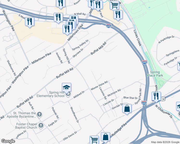 map of restaurants, bars, coffee shops, grocery stores, and more near 1623 Leconte Rd in Knoxville