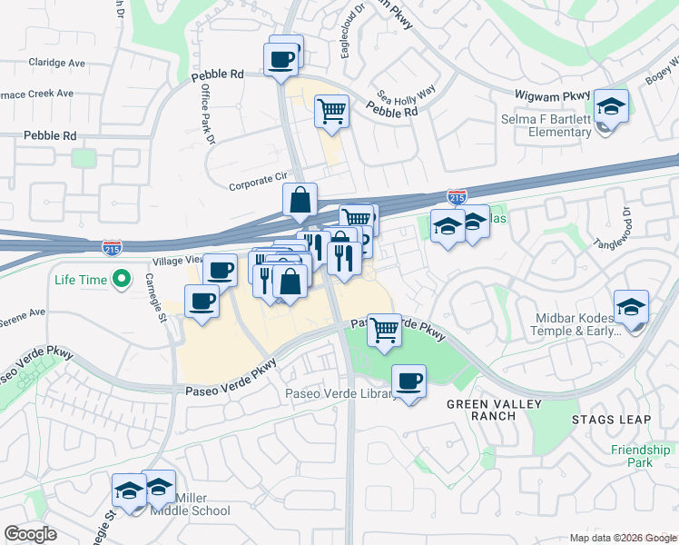 map of restaurants, bars, coffee shops, grocery stores, and more near 140 South Green Valley Parkway in Henderson