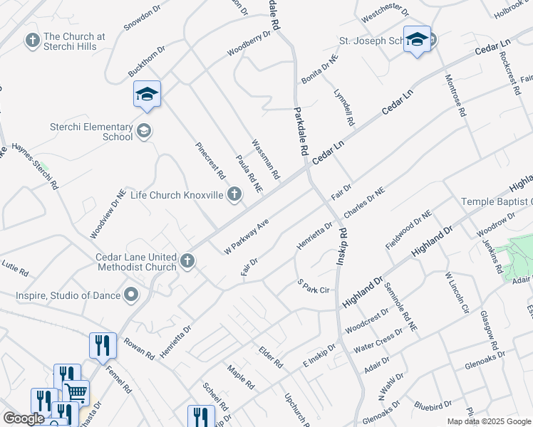 map of restaurants, bars, coffee shops, grocery stores, and more near 1101 West Parkway Avenue in Knoxville