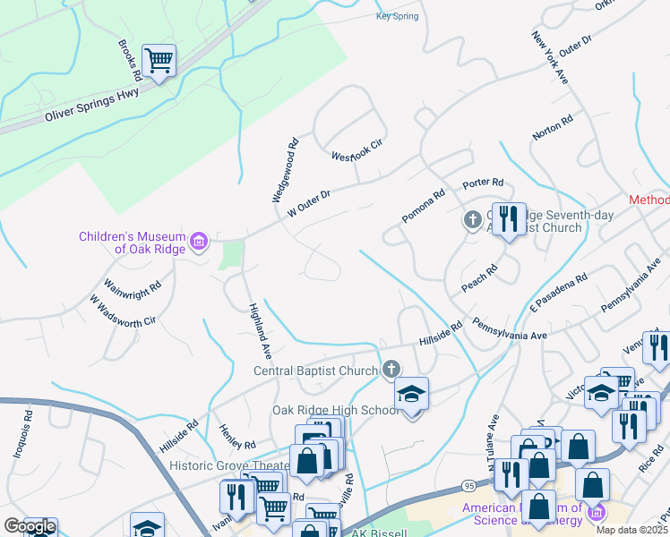 map of restaurants, bars, coffee shops, grocery stores, and more near 158 Waddell Circle in Oak Ridge