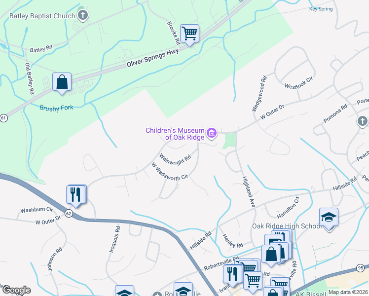 map of restaurants, bars, coffee shops, grocery stores, and more near 122 South Walker Lane in Oak Ridge