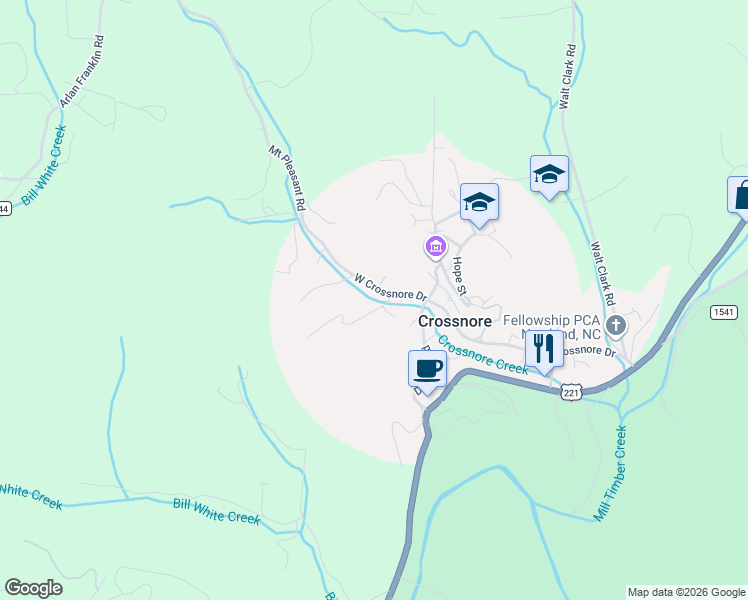 map of restaurants, bars, coffee shops, grocery stores, and more near 199 Vance Street in Crossnore