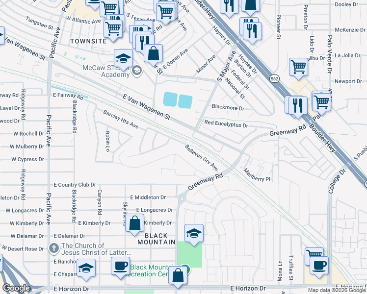 map of restaurants, bars, coffee shops, grocery stores, and more near 518 East Fairway Road in Henderson