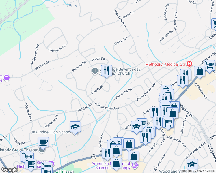 map of restaurants, bars, coffee shops, grocery stores, and more near 105 Pelham Road in Oak Ridge