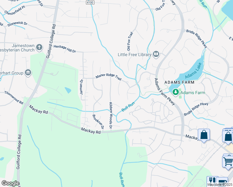 map of restaurants, bars, coffee shops, grocery stores, and more near 16 Manor Ridge Ct in Greensboro