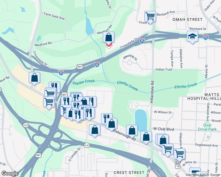 map of restaurants, bars, coffee shops, grocery stores, and more near 3108 Sprunt Avenue in Durham