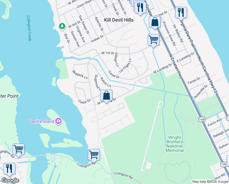 map of restaurants, bars, coffee shops, grocery stores, and more near 514 Schooner Ct in Kill Devil Hills