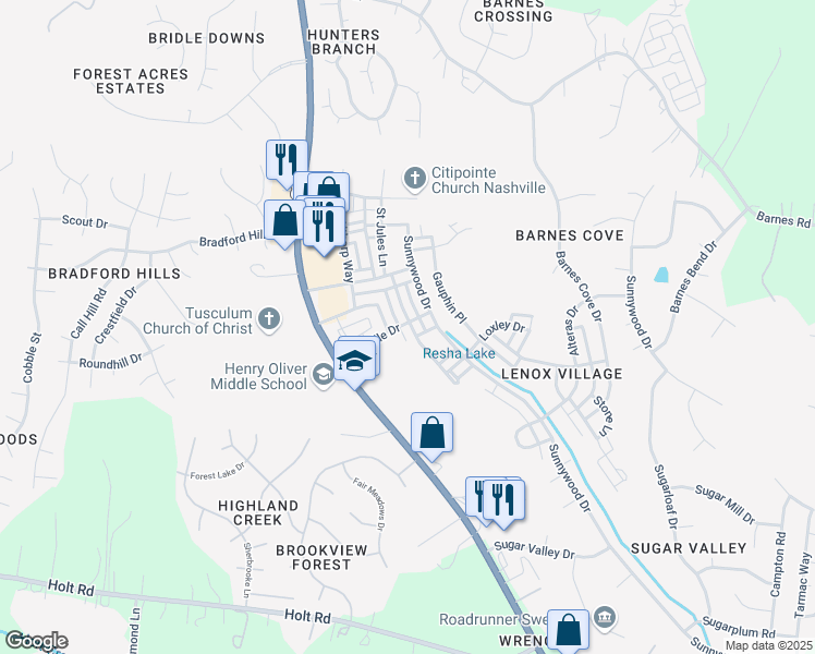 map of restaurants, bars, coffee shops, grocery stores, and more near 7844 Heaton Way in Nashville