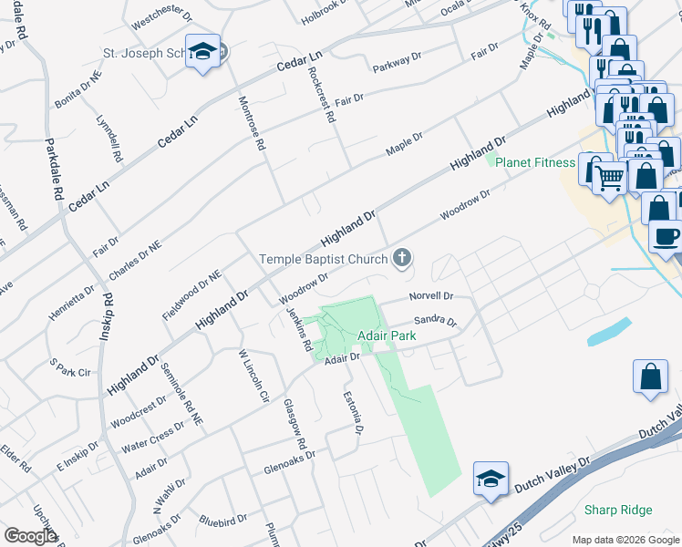 map of restaurants, bars, coffee shops, grocery stores, and more near 1916 Woodrow Drive in Knoxville