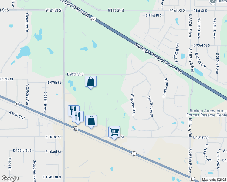 map of restaurants, bars, coffee shops, grocery stores, and more near 24705 East 97th Street in Broken Arrow