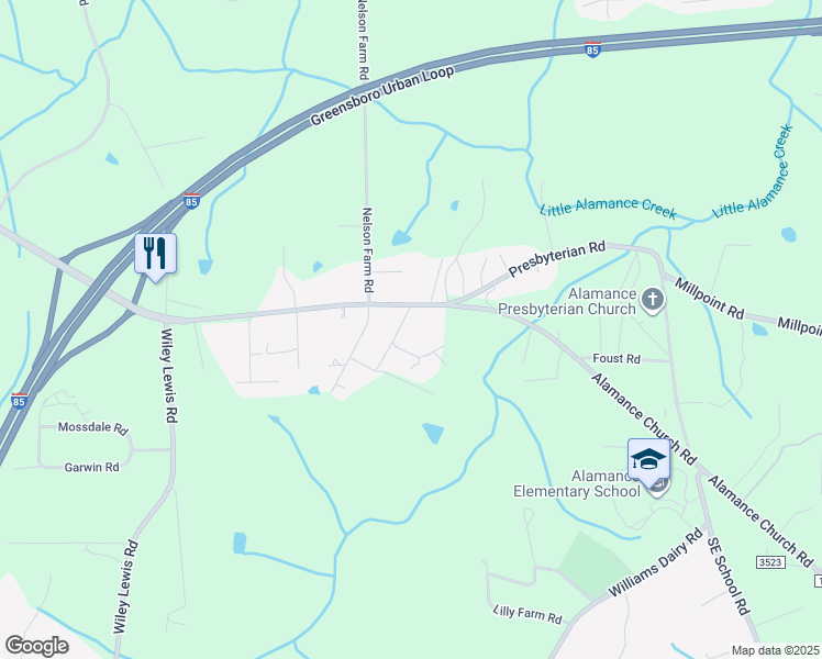 map of restaurants, bars, coffee shops, grocery stores, and more near 1910 Alamance Church Road in Greensboro