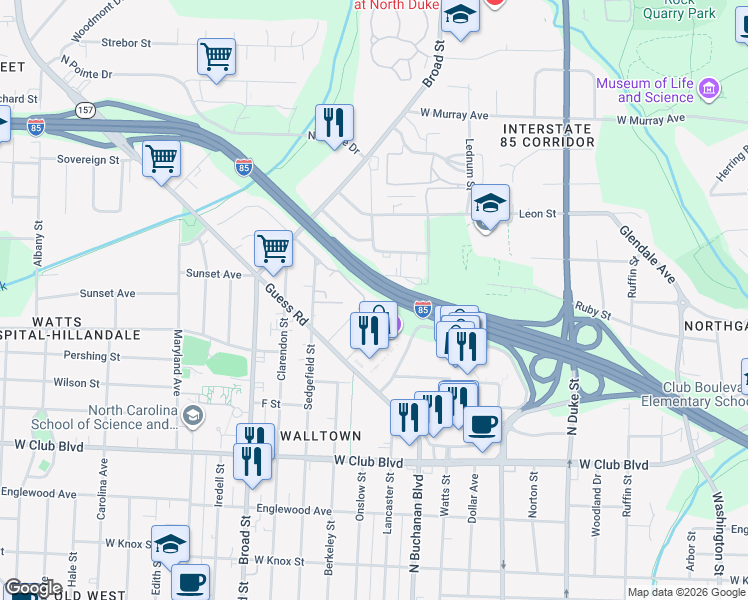 map of restaurants, bars, coffee shops, grocery stores, and more near 1428 Ida Street in Durham