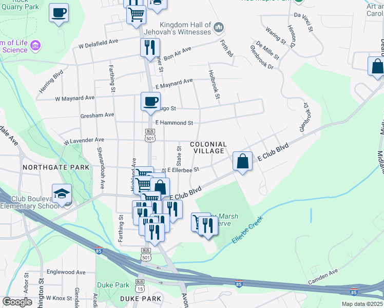 map of restaurants, bars, coffee shops, grocery stores, and more near 2515 Cascadilla Street in Durham