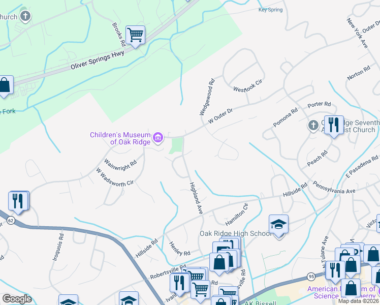 map of restaurants, bars, coffee shops, grocery stores, and more near 107 Hoyt Lane in Oak Ridge