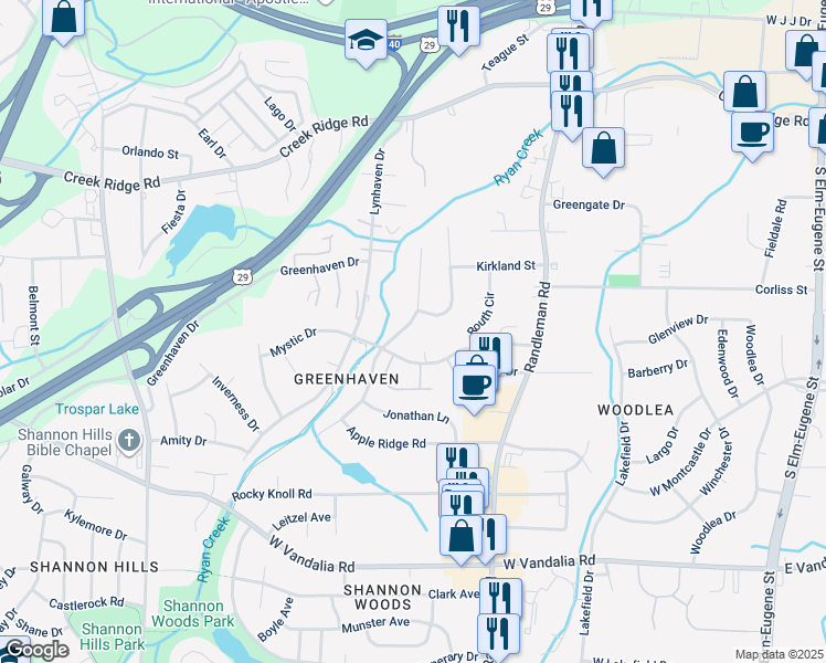 map of restaurants, bars, coffee shops, grocery stores, and more near 2805 Bears Creek Road in Greensboro