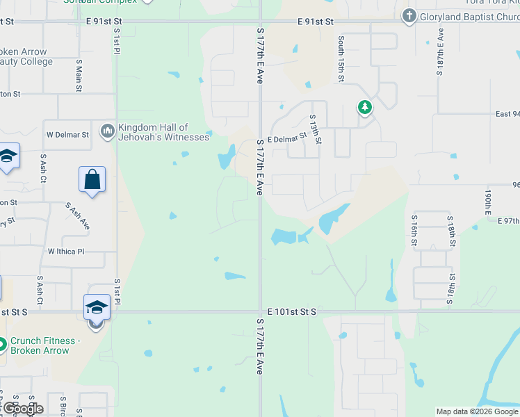 map of restaurants, bars, coffee shops, grocery stores, and more near 9741 South 177th East Avenue in Broken Arrow