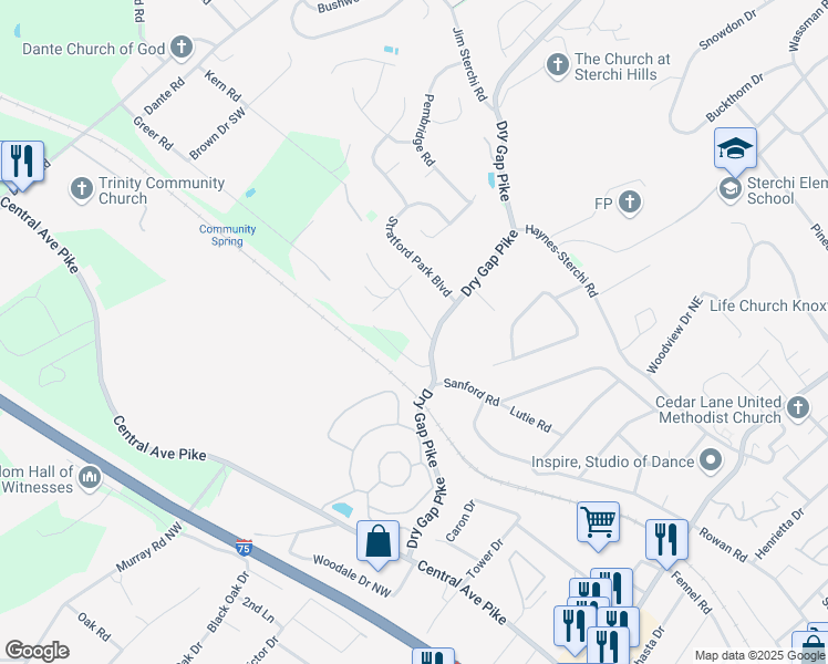 map of restaurants, bars, coffee shops, grocery stores, and more near 5909 Nature Lane in Knoxville