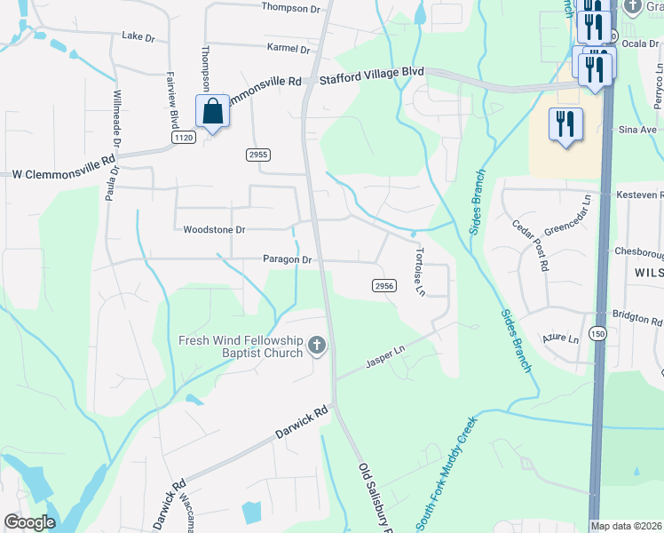 map of restaurants, bars, coffee shops, grocery stores, and more near 2803 Old Salisbury Road in Winston-Salem