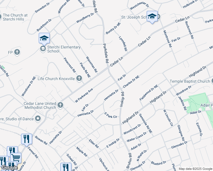 map of restaurants, bars, coffee shops, grocery stores, and more near 1145 Fair Drive in Knoxville