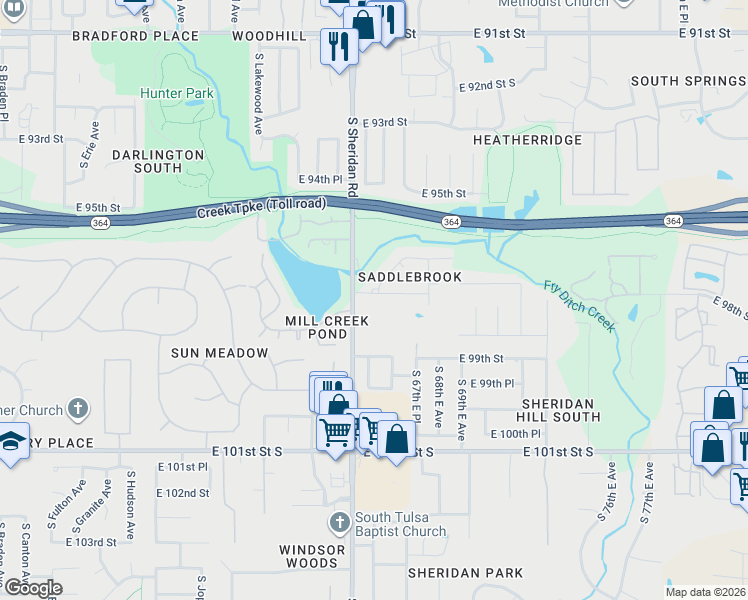 map of restaurants, bars, coffee shops, grocery stores, and more near 6514 East 97th Street in Tulsa