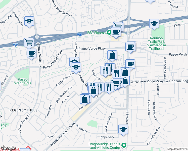 map of restaurants, bars, coffee shops, grocery stores, and more near 1473 Arroyo Verde Drive in Henderson
