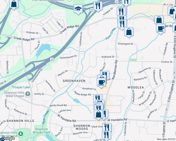 map of restaurants, bars, coffee shops, grocery stores, and more near 2805 Bears Creek Road in Greensboro