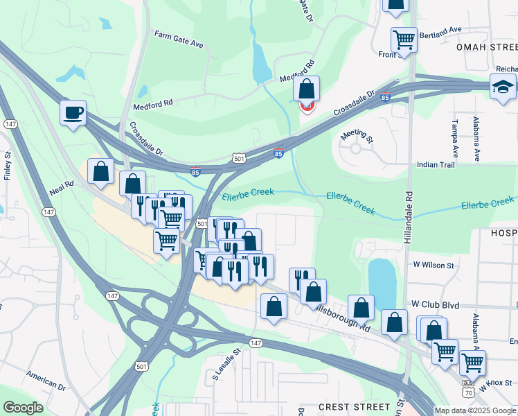 map of restaurants, bars, coffee shops, grocery stores, and more near 3306 Sprunt Avenue in Durham