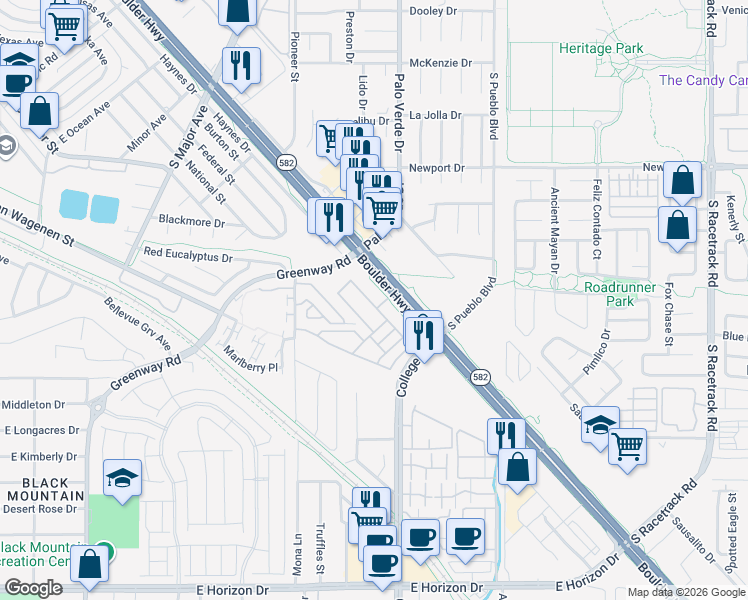 map of restaurants, bars, coffee shops, grocery stores, and more near 484 Ylang Place in Henderson
