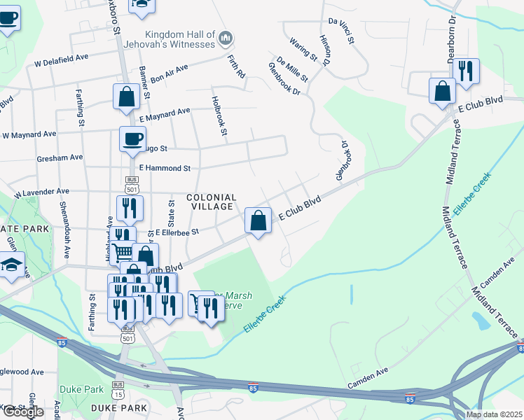map of restaurants, bars, coffee shops, grocery stores, and more near 808 East Ellerbee Street in Durham