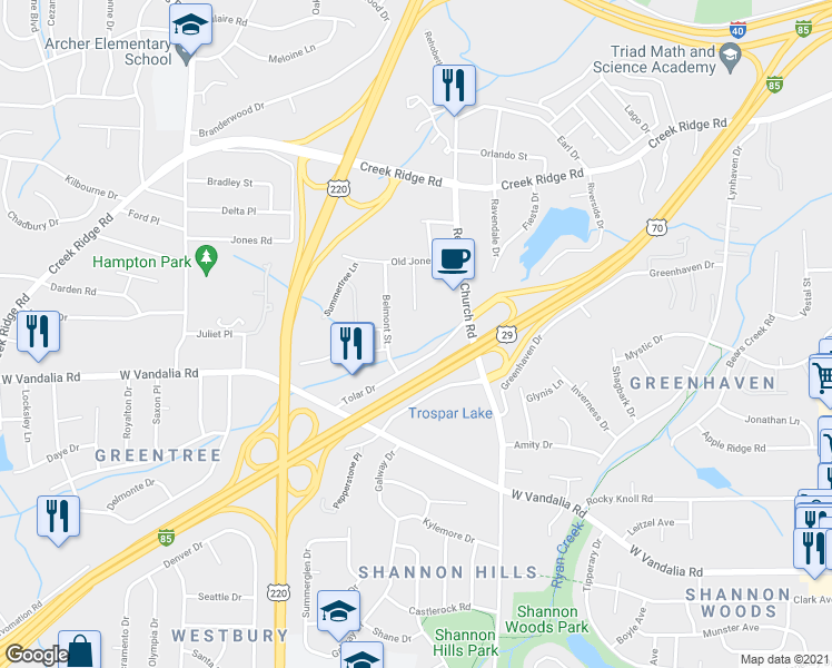 map of restaurants, bars, coffee shops, grocery stores, and more near 3621 Belmont Street in Greensboro