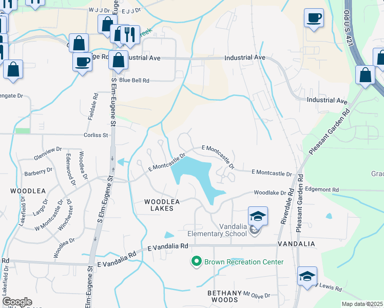 map of restaurants, bars, coffee shops, grocery stores, and more near 402 East Montcastle Drive in Greensboro