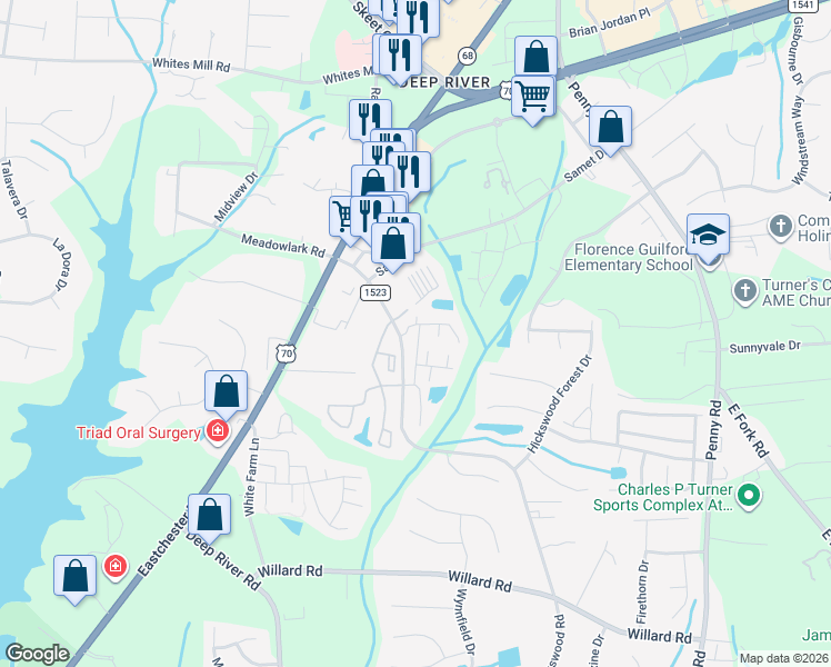 map of restaurants, bars, coffee shops, grocery stores, and more near 3824 Hickswood Creek Drive in High Point