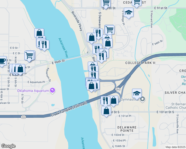 map of restaurants, bars, coffee shops, grocery stores, and more near 9708 Riverside Parkway in Tulsa