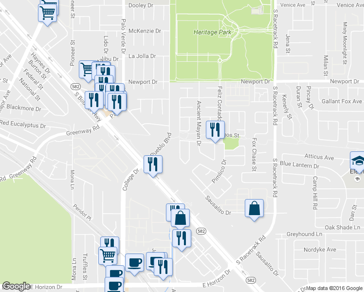 map of restaurants, bars, coffee shops, grocery stores, and more near 607 Grande Sombrero Way in Henderson