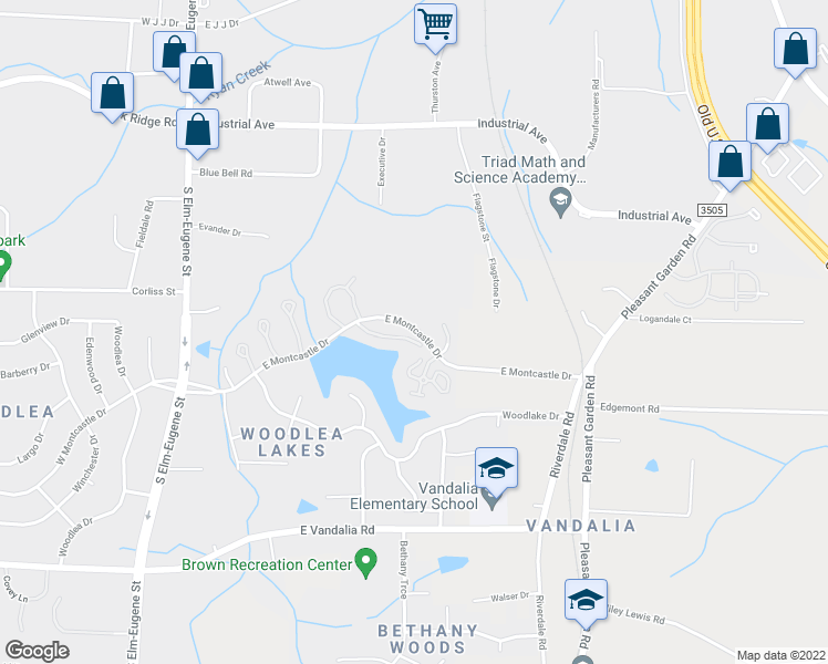 map of restaurants, bars, coffee shops, grocery stores, and more near 410 East Montcastle Drive in Greensboro
