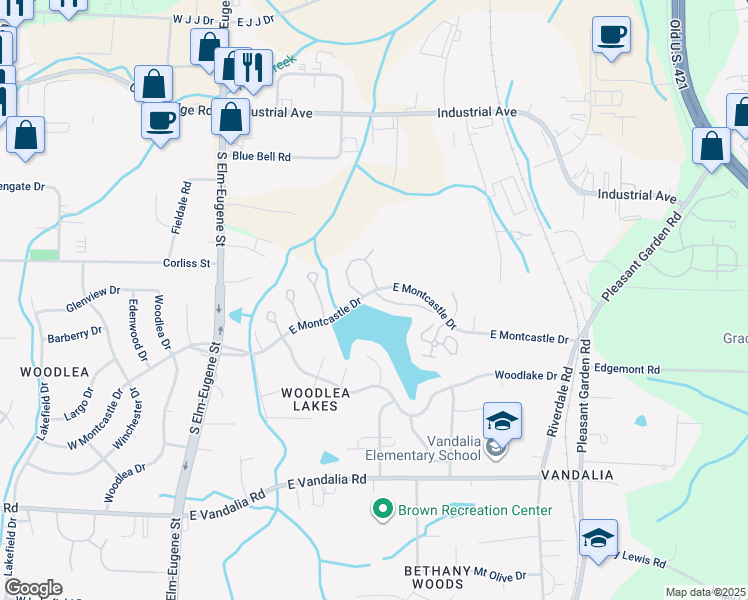 map of restaurants, bars, coffee shops, grocery stores, and more near 402 East Montcastle Drive in Greensboro