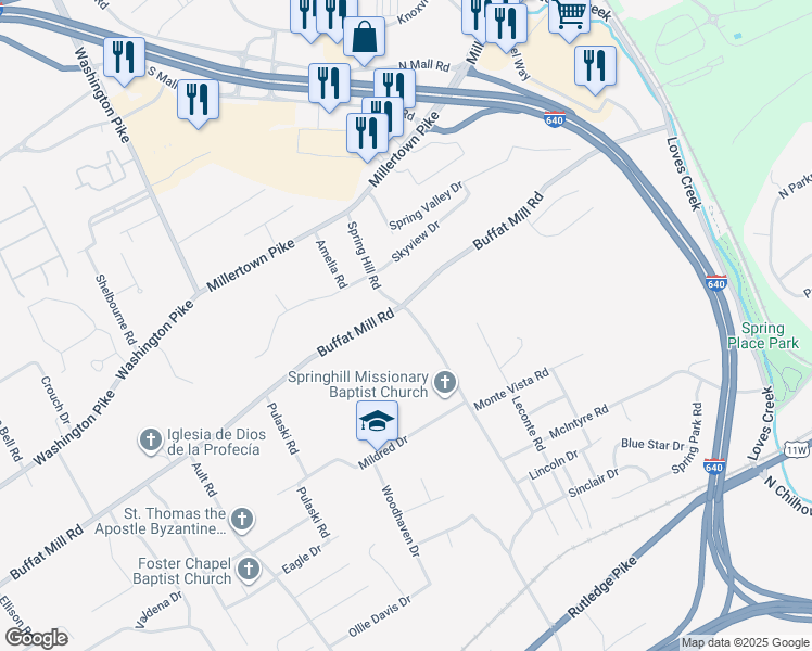 map of restaurants, bars, coffee shops, grocery stores, and more near 4612 Buffat Mill Road in Knoxville